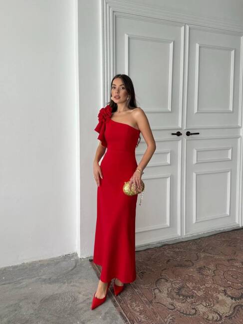 ANGELETTA MİDİ BOY KOL DETAY ATLAS KUMAŞ KIRMIZI ELBİSE - 2