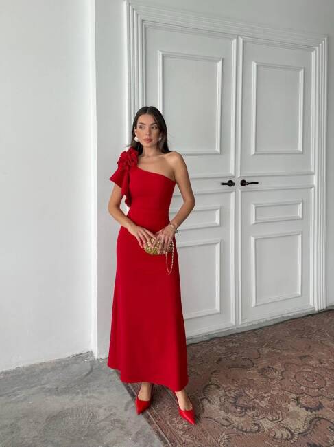 ANGELETTA MİDİ BOY KOL DETAY ATLAS KUMAŞ KIRMIZI ELBİSE - 3