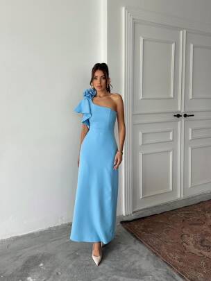 ANGELETTA MİDİ BOY KOL DETAY ATLAS KUMAŞ MAVİ ELBİSE - MAXMOOR