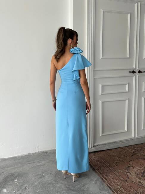 ANGELETTA MİDİ BOY KOL DETAY ATLAS KUMAŞ MAVİ ELBİSE - 4