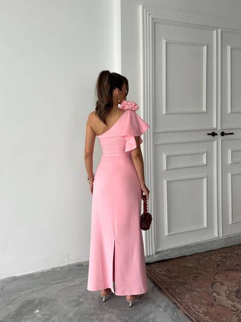 ANGELETTA MİDİ BOY KOL DETAY ATLAS KUMAŞ PEMBE ELBİSE - 4