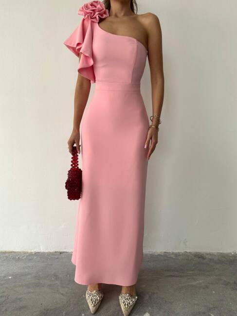 ANGELETTA MİDİ BOY KOL DETAY ATLAS KUMAŞ PEMBE ELBİSE - 1