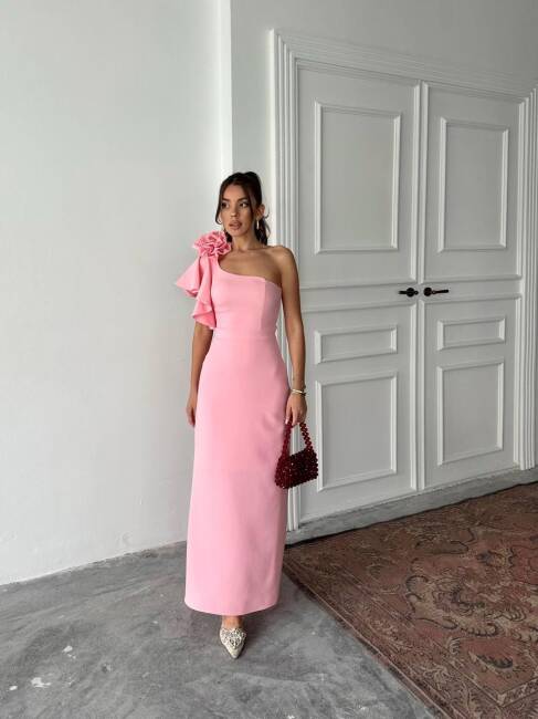 ANGELETTA MİDİ BOY KOL DETAY ATLAS KUMAŞ PEMBE ELBİSE - 3