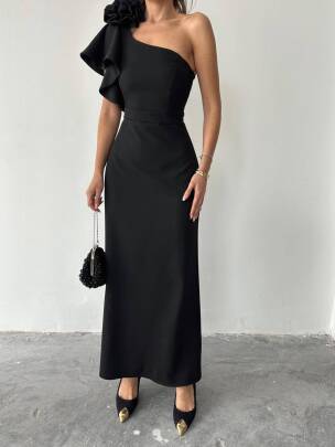 ANGELETTA MİDİ BOY KOL DETAY ATLAS KUMAŞ SİYAH ELBİSE - MAXMOOR