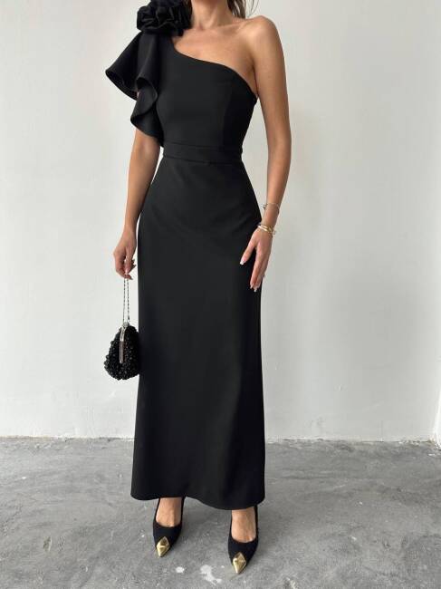 ANGELETTA MİDİ BOY KOL DETAY ATLAS KUMAŞ SİYAH ELBİSE - 1