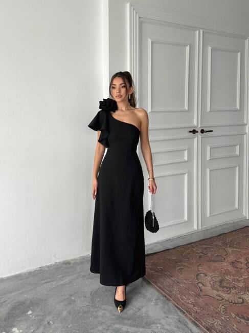 ANGELETTA MİDİ BOY KOL DETAY ATLAS KUMAŞ SİYAH ELBİSE - 2