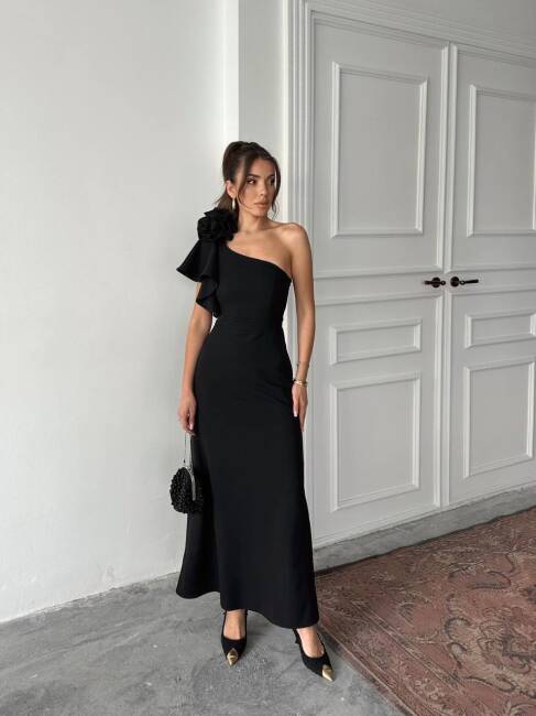 ANGELETTA MİDİ BOY KOL DETAY ATLAS KUMAŞ SİYAH ELBİSE - 4