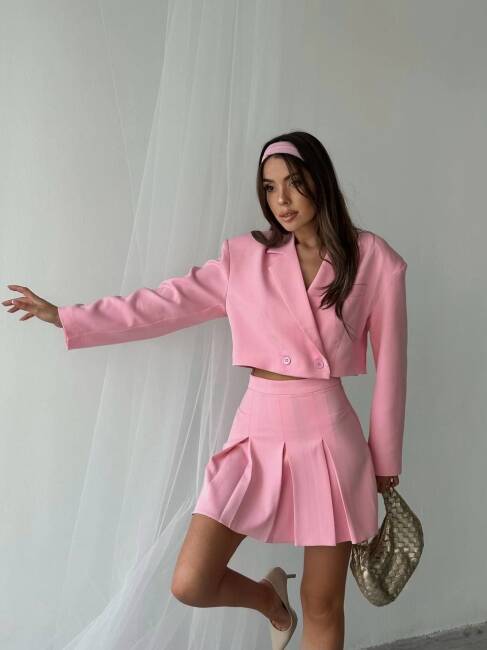 ANNA İKİLİ ETEK CROP CEKET PEMBE TAKIM - 1