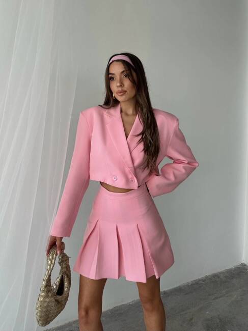 ANNA İKİLİ ETEK CROP CEKET PEMBE TAKIM - 2