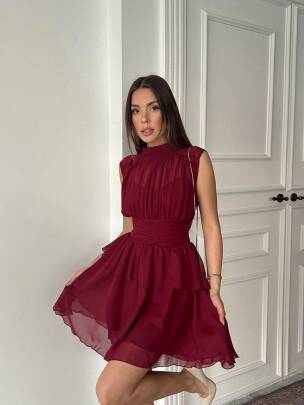 ARON KOLSUZ MİNİ ŞİFON BORDO ELBİSE - MAXMOOR