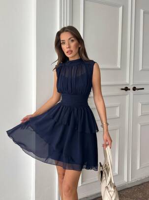 ARON KOLSUZ MİNİ ŞİFON LACİVERT ELBİSE - MAXMOOR