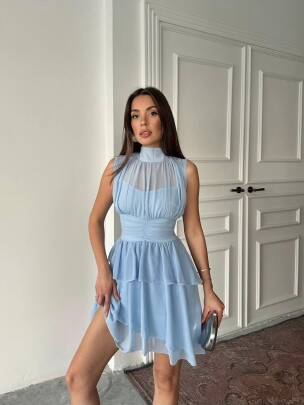 ARON KOLSUZ MİNİ ŞİFON MAVİ ELBİSE - MAXMOOR