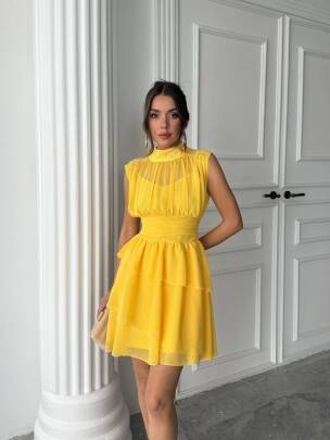 ARON KOLSUZ MİNİ ŞİFON SARI ELBİSE - MAXMOOR