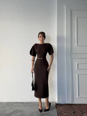 AVA Midi Elbise 3101 - Acı Kahve - MAXMOOR