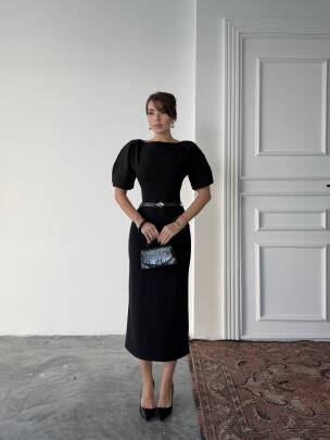 AVA Midi Elbise 3101 - Siyah - MAXMOOR