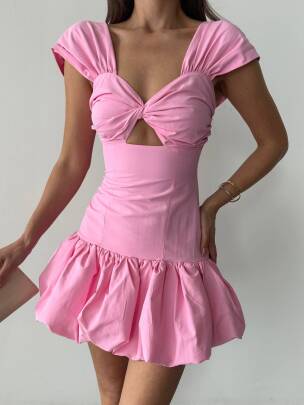 AVELİS PENCERE DETAYLI BALON ETEK MİNİ PEMBE ELBİSE - MAXMOOR