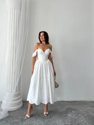 BEGONYA Midi Elbise 1216 - Beyaz - MAXMOOR