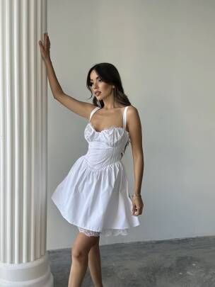 BELLA KORSE DANTEL DETAYLI MİNİ POPLİN BEYAZ ELBİSE - MAXMOOR