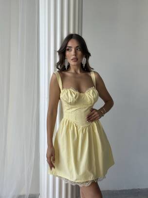 BELLA KORSE DANTEL DETAYLI MİNİ POPLİN SARI ELBİSE - MAXMOOR