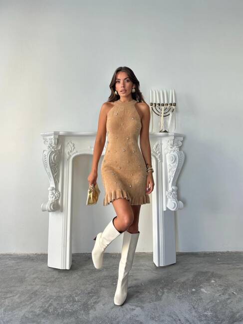 BETALİS Taşlı Triko Elbise 245011 - Kahverengi - 2