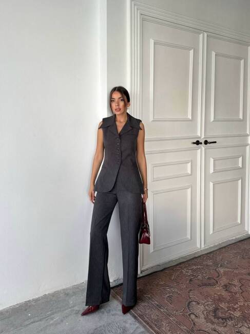 BONTİ RETRO YAKA İKİLİ ATLAS ANTRASİT TAKIM - 2