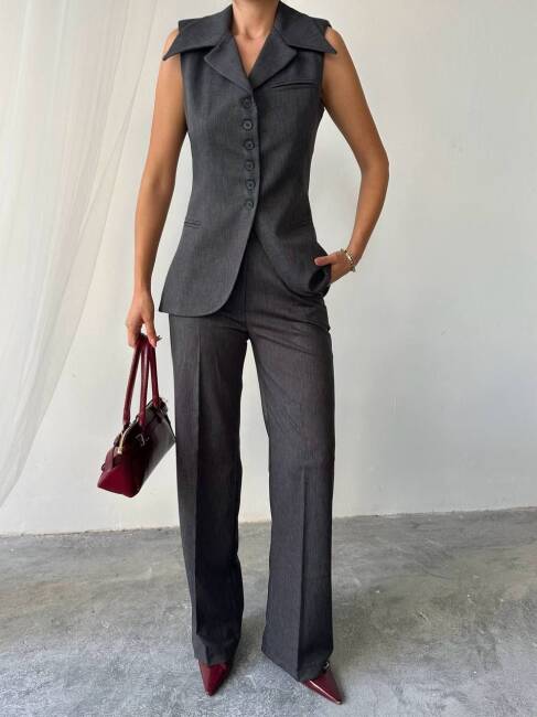 BONTİ RETRO YAKA İKİLİ ATLAS ANTRASİT TAKIM - 1