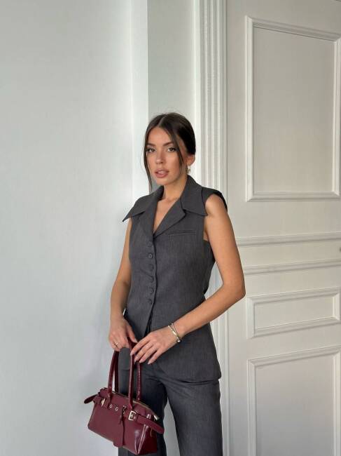 BONTİ RETRO YAKA İKİLİ ATLAS ANTRASİT TAKIM - 3