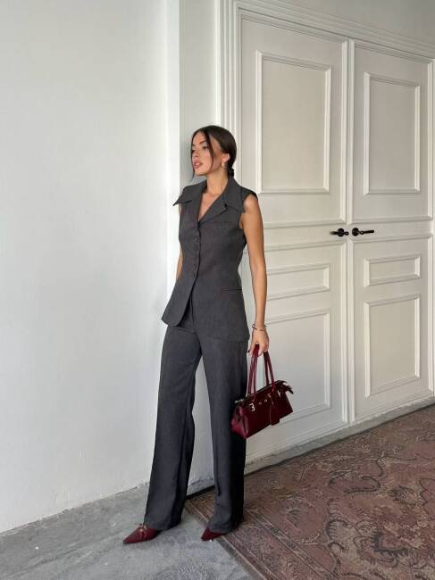 BONTİ RETRO YAKA İKİLİ ATLAS ANTRASİT TAKIM - 4