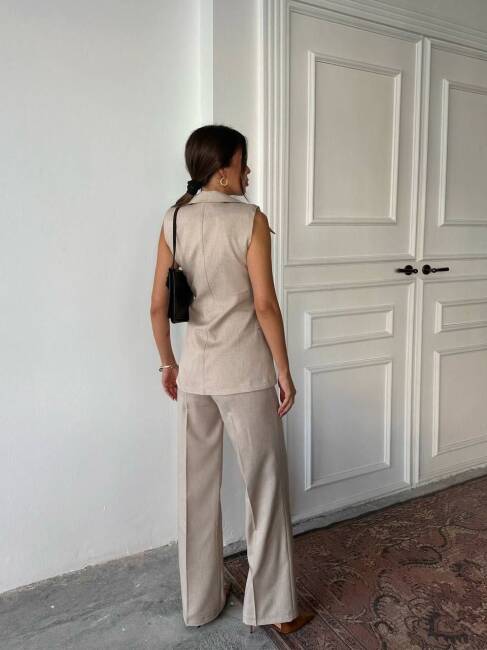 BONTİ RETRO YAKA İKİLİ KETEN BEJ TAKIM - 3