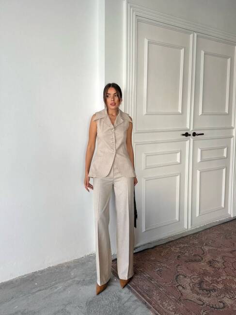 BONTİ RETRO YAKA İKİLİ KETEN BEJ TAKIM - 2