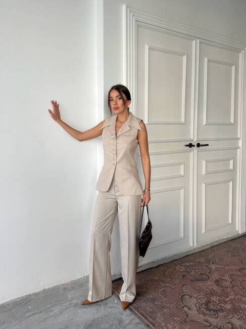 BONTİ RETRO YAKA İKİLİ KETEN BEJ TAKIM - 4