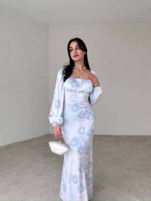 BRİEROSE MAXİ BOY ÇİÇEKLİ MAVİ ELBİSE - MAXMOOR