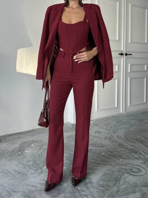 CARNAT Crop Ceket Pantolon Takım 2239 - Bordo - 5