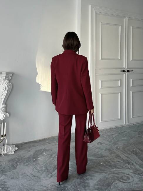 CARNAT Crop Ceket Pantolon Takım 2239 - Bordo - 6