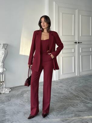 CARNAT Crop Ceket Pantolon Takım 2239 - Bordo - MAXMOOR