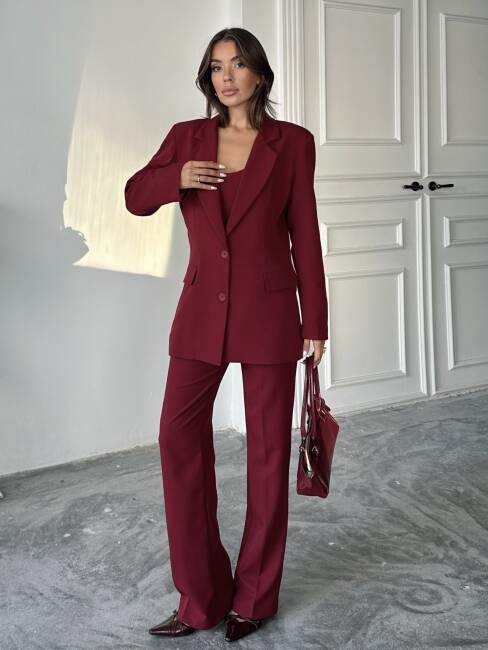 CARNAT Crop Ceket Pantolon Takım 2239 - Bordo - 8