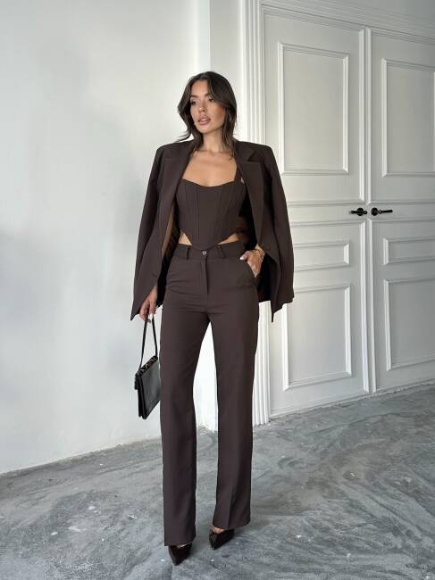 CARNAT Crop Ceket Pantolon Takım 2239 - Kahverengi - 4