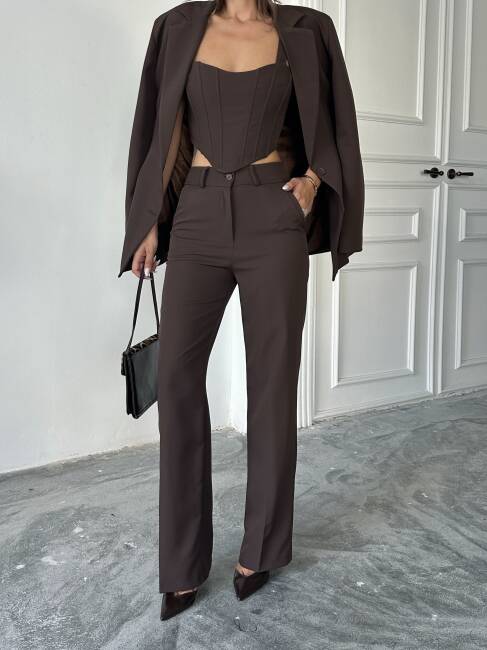 CARNAT Crop Ceket Pantolon Takım 2239 - Kahverengi - 5