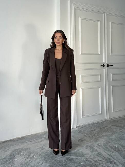 CARNAT Crop Ceket Pantolon Takım 2239 - Kahverengi - 6