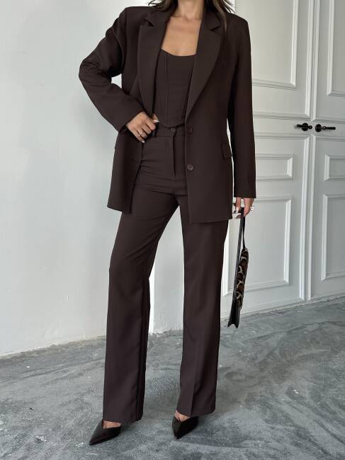 CARNAT Crop Ceket Pantolon Takım 2239 - Kahverengi - 8