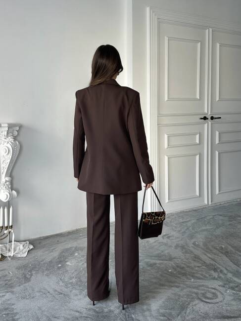 CARNAT Crop Ceket Pantolon Takım 2239 - Kahverengi - 2