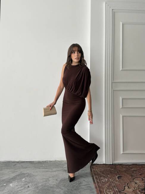 CHARLOTTE Tek Omuz Elbise 3086 - Acı Kahve - 1