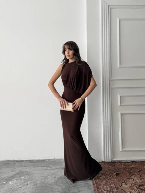 CHARLOTTE Tek Omuz Elbise 3086 - Acı Kahve - 2