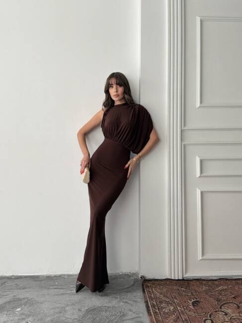 CHARLOTTE Tek Omuz Elbise 3086 - Acı Kahve - 6