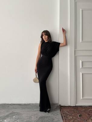 CHARLOTTE Tek Omuz Elbise 3086 - Siyah - MAXMOOR