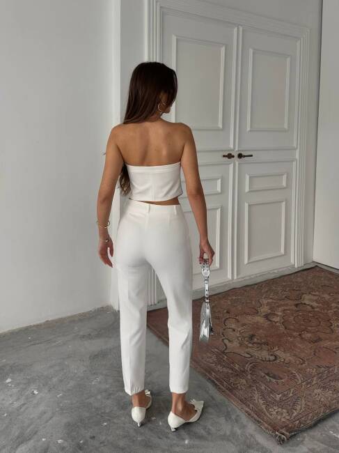 COUNTER STRAPLEZ KUMAŞ BLUZ PANTOLON BEYAZ TAKIM - 3