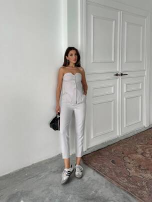 COUNTER STRAPLEZ KUMAŞ BLUZ PANTOLON GRİ TAKIM 