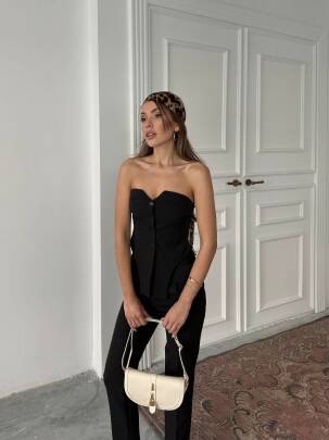 COUNTER STRAPLEZ KUMAŞ BLUZ PANTOLON SİYAH TAKIM 