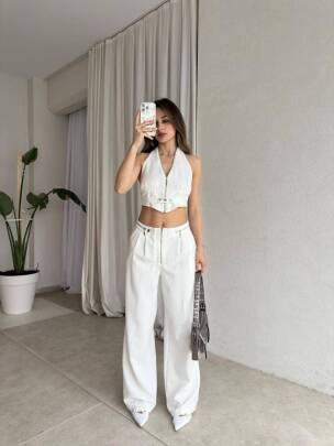 DUALS FERMUARLI SIRT DEKOLTELİ CROP PANTOLON BEYAZ TAKIM - MAXMOOR