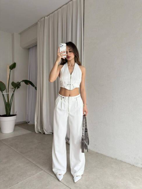 DUALS FERMUARLI SIRT DEKOLTELİ CROP PANTOLON BEYAZ TAKIM - 1